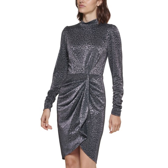  Womens Petite Metallic Animal-Print Ruched Dress, Silver/12P
