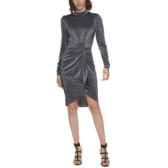  Womens Petite Metallic Animal-Print Ruched Dress, Silver/12P