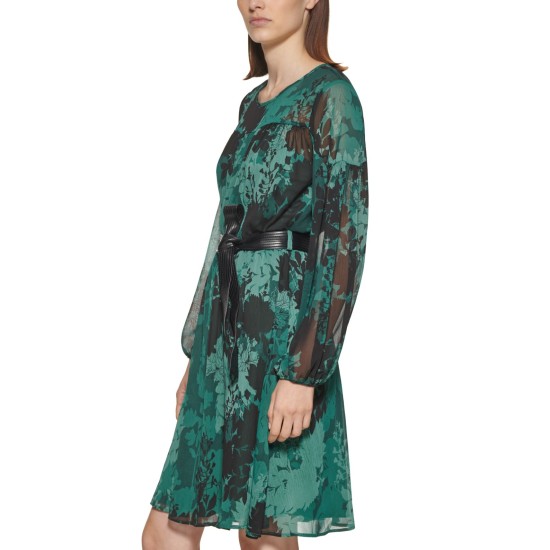  Womens Petite Printed Belted Fit & Flare Dress, Green/10P
