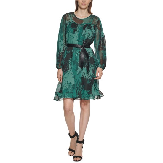  Womens Petite Printed Belted Fit & Flare Dress, Green/10P