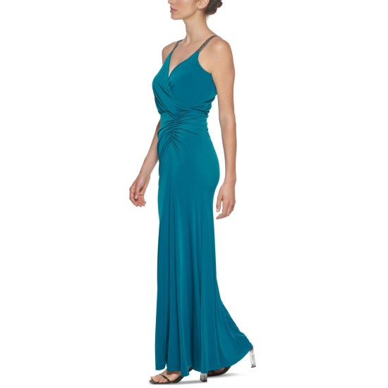  Women’s Ruched Gown Dress, Green, 8
