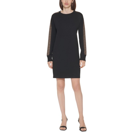  Womens Studded-Sleeve Sweater Dress, Black/S