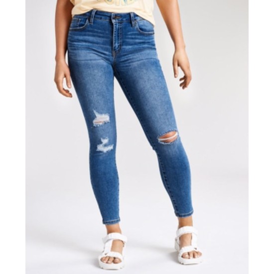  Juniors’ Curvy Mid-Rise Distressed Skinny Jeans, Blue, 5