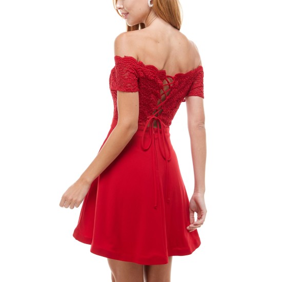  Juniors’ Off-The-Shoulder Glitter-Lace Fit & Flare Dress, Red, 7