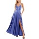  Juniors’ Side-Slit Satin Gown with Pockets, Blue, 11