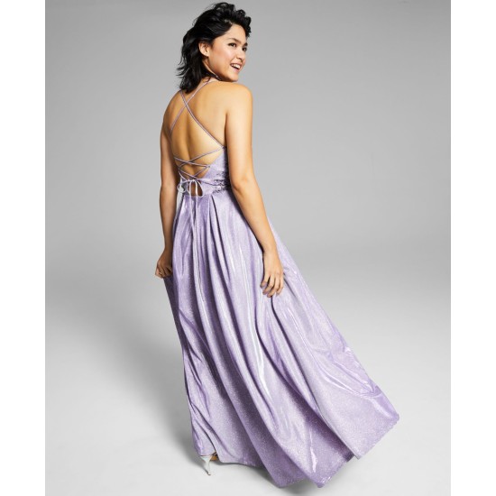 s Womens Juniors’ Appliqued Lace-Up-Back Gown, Light Purple/1