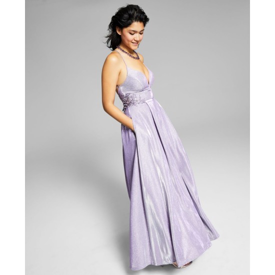 s Womens Juniors’ Appliqued Lace-Up-Back Gown, Light Purple/1