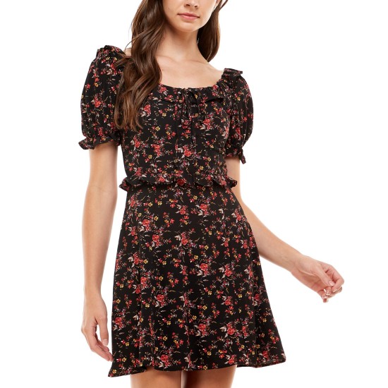 s Womens Juniors’ Floral-Print Back-Cutout Dress, Black/M