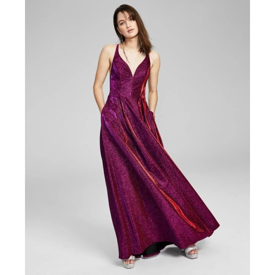 s Womens Juniors’ Glitter-Knit Gown, Purple/15