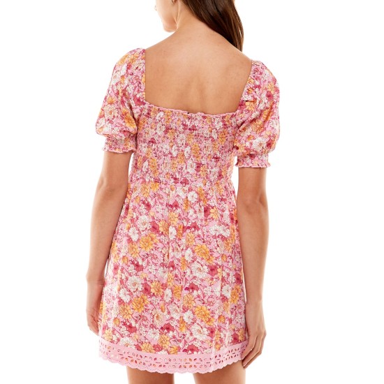 s Womens Juniors’ Smocked Lace-Trim Dress, Pink/XXS