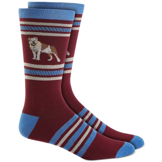  Men’s Holiday Bulldog & Stripes Crew Socks, Burgundy