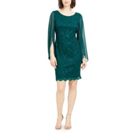  Womens Flutter-Sleeve Sequined Lace Dress, Dark Green/6