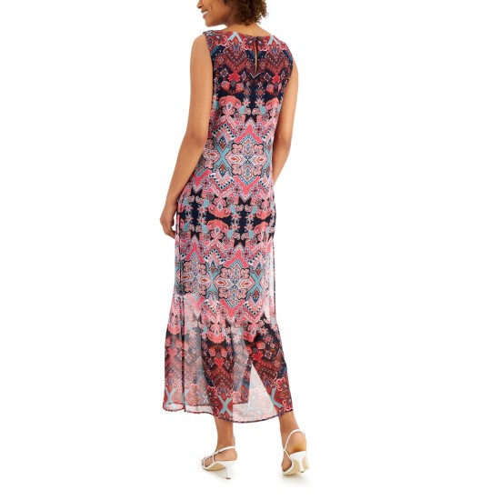  Womens Printed Chiffon Maxi Dress, Pink, 10