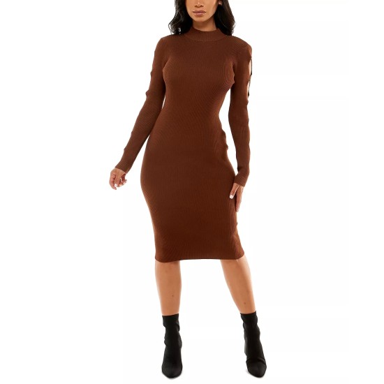  Juniors’ Ribbed Cutout Mock-Neck Midi Sweater Dress, Brown