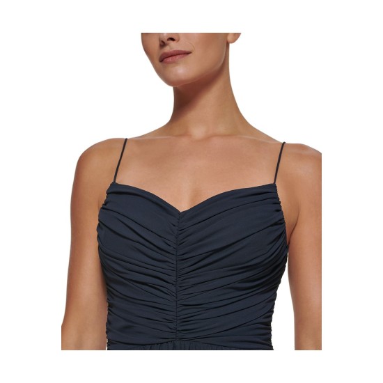  Ruched-Bodice Gown Dress, Navy, 12