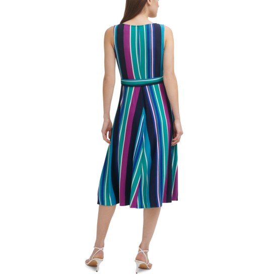  Women’s Striped Faux-Wrap Dress, Blue, Large