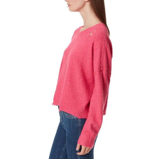 Frayed Denim Womens Gwen Distressed Sweater, Pink, L