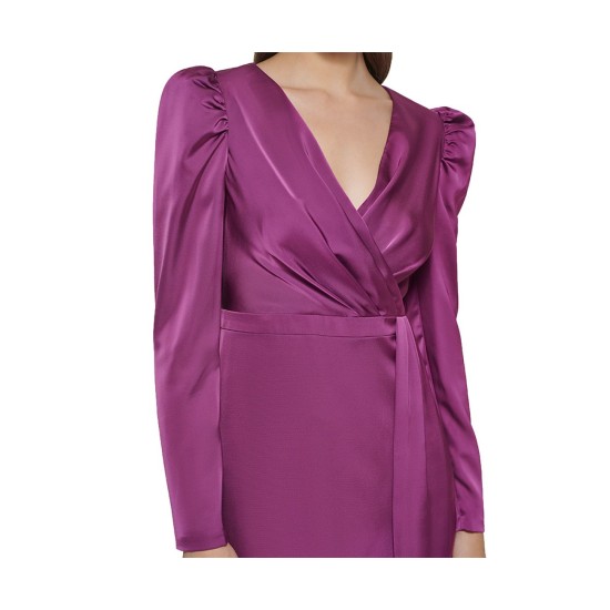  Womens Belted Puff-Sleeve Dress, Purple/8