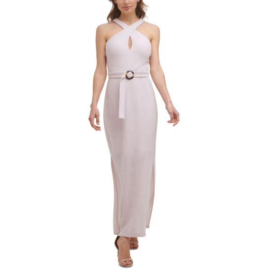  Womens Belted Side-Slit Dress, Beige/4