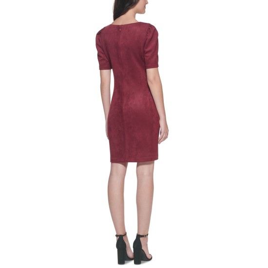  Womens Puff-Sleeve Faux-Suede Sheath Dress, Dark Red/12