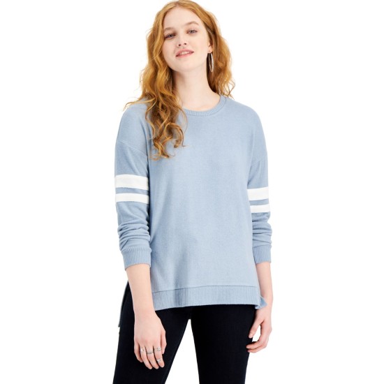  Juniors’ Striped-Sleeve Top, Blue Combo, Large