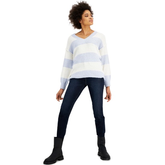  Juniors V-Neck Tunic Sweaters, Light Blue, Medium