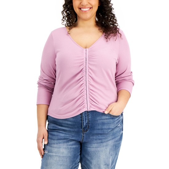  Trendy Plus Size Ruched Hook-and-Eye-Front Top, Purple, 1X