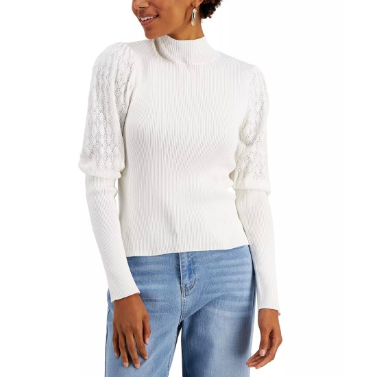  Juniors’ Pointelle-Sleeve Sweater, Spiritual Vanilla, Medium