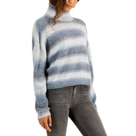  Juniors’ Spacedye-Striped Turtleneck Sweater, Grey Ombre Spacedye, X-Small