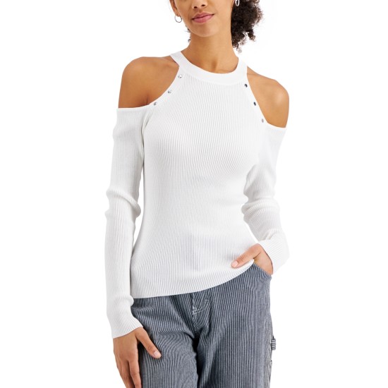  Juniors’ Stud-Embellished Cold-Shoulder Sweater, White, XL