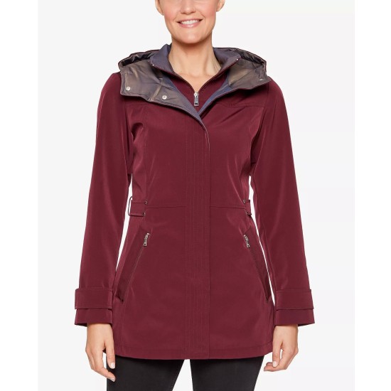  Womens Colorblocked Hooded A-Line Raincoat, Burgundy, Small