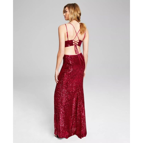  Womens Two-Piece Sequin Gown, Maroon, 3