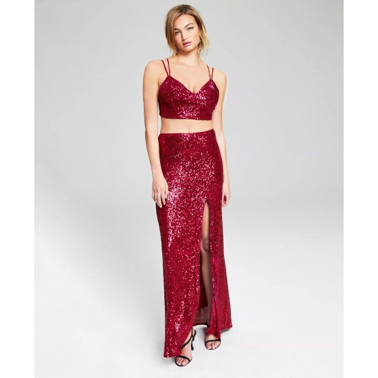  Womens Two-Piece Sequin Gown, Maroon, 3