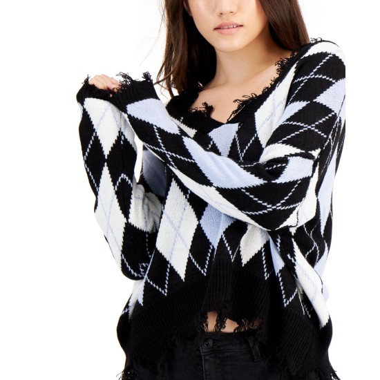 Just Polly Juniors Distressed Argyle Sweater, Black, Large