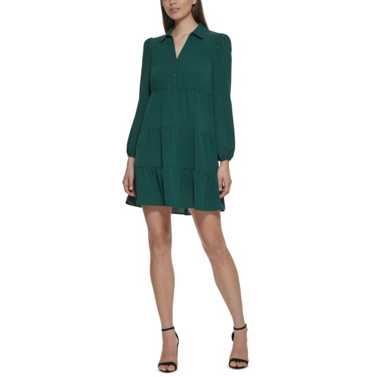  Women’s Collared Tiered Shift Dress, Green, 14