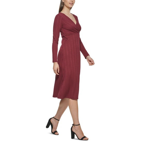  Womens Rib-Knit A-Line Midi Dress, Maroon, Small