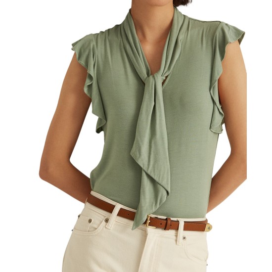  Ruffle-Sleeve Tie Neck Top, Green, Medium