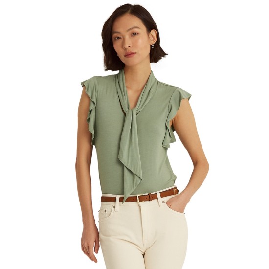  Ruffle-Sleeve Tie Neck Top, Green, Medium