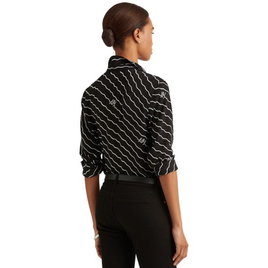 Lauren Ralph Lauren Wave-stripe Georgette Shirt Polo Black Large