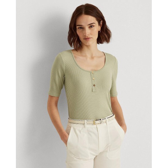  Women’s Elbow-Sleeve Henley Top, Sage, Medium