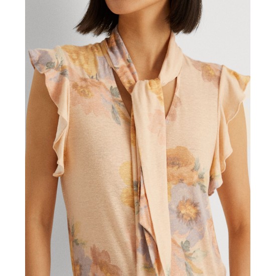 Lauren Ralph Lauren Women’s Floral Tie Neck Top (L, Blush/Sage Multi)