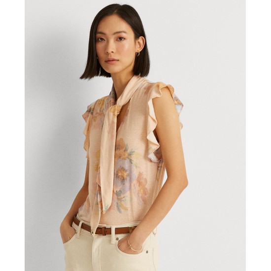 Lauren Ralph Lauren Women’s Floral Tie Neck Top (L, Blush/Sage Multi)