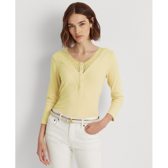  Women’s Lace-Trim Henley Top, Yellow, X-Large