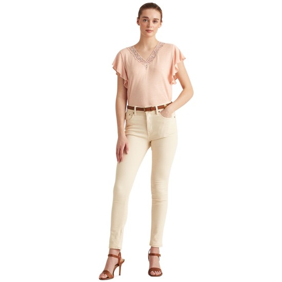 Lauren  Women’s Linen-Blend Jersey Flutter-Sleeve T-Shirt, Pink, Small