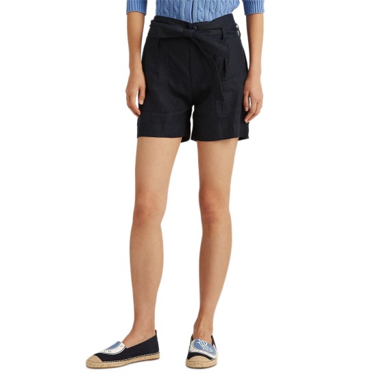  Women’s Petite High-rise Linen Shorts, Navy, 6P