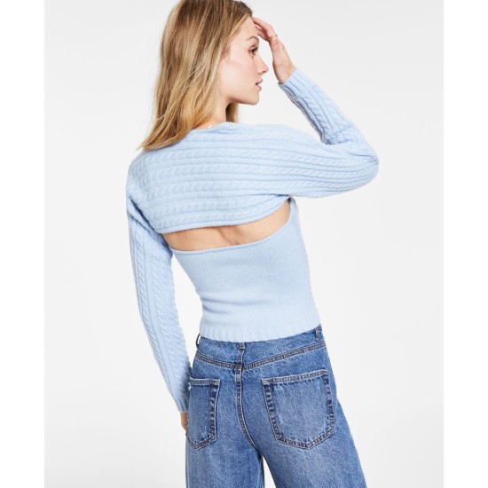  Womens Cable-Knit Sweetheart-Neck Sweater, Light Blue/XL