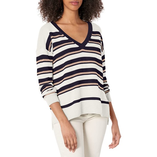  Women’s V-Neck Striped Sweater, Navy Combo, Medium