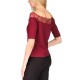  Womens Petite Lace-Trim Off-The-Shoulder Top, Burgundy, PS