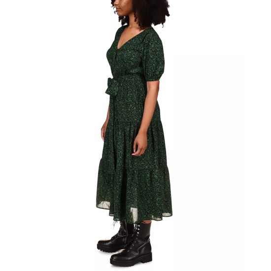  Womens Printed Belted Dress, Green, S