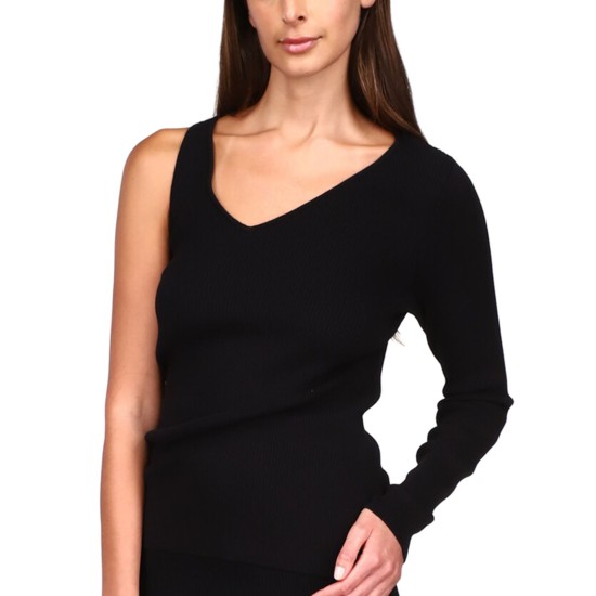 Michael  Womens Black Stretch Ribbed One Sleeve Long Sleeve V Neck Party Top Medium